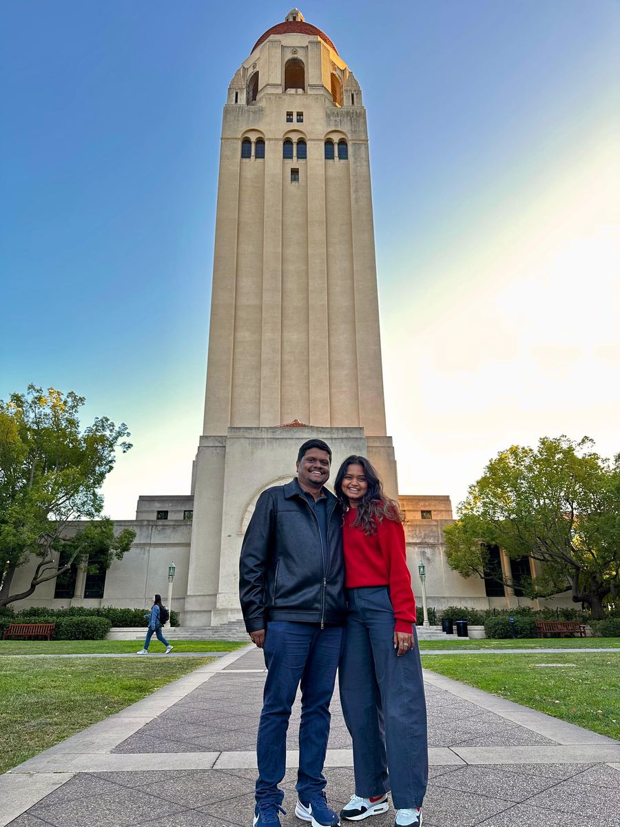Dulan Dias in front of Hoover Tower at Stanford University