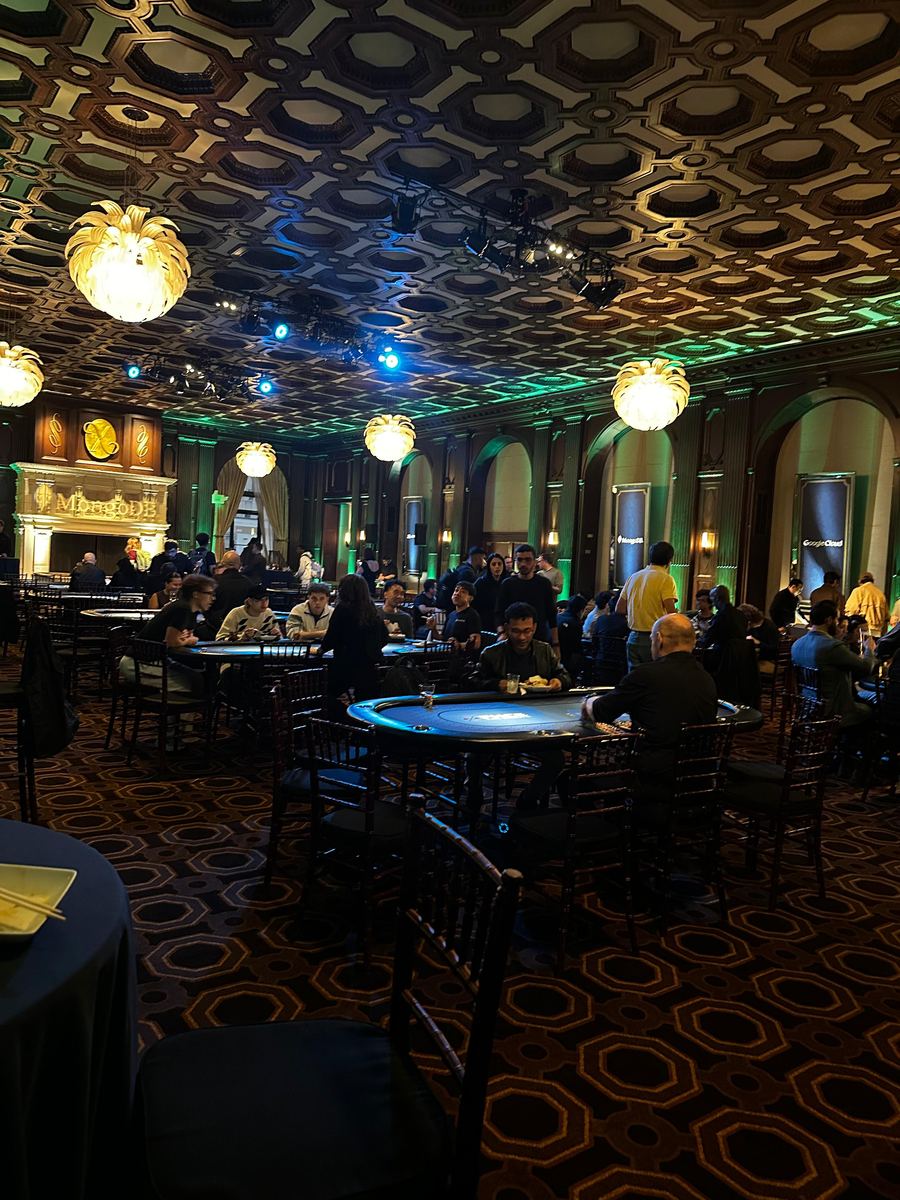 Poker tables in a grand ballroom at MongoDB's Poker Night during SF Tech Week 2026