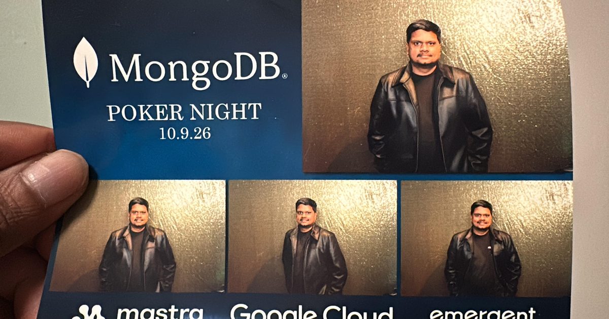 MongoDB Poker Night photo booth strip dated 10.9.26 showing Dulan Dias